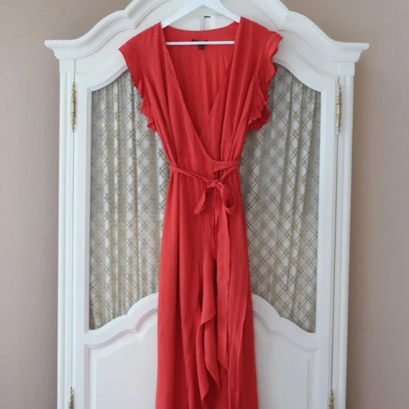 open lace back dress Linen & Cotton Blend Red Midi Wrap Dress - All Dresses main image 0
